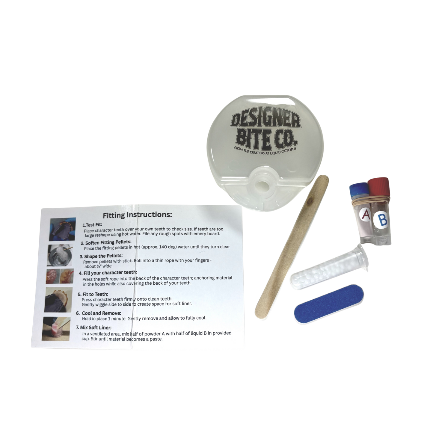 Designer Bite Co Comfort Fit kit with storage case, fitting material, emery board and instructions for reusable character teet