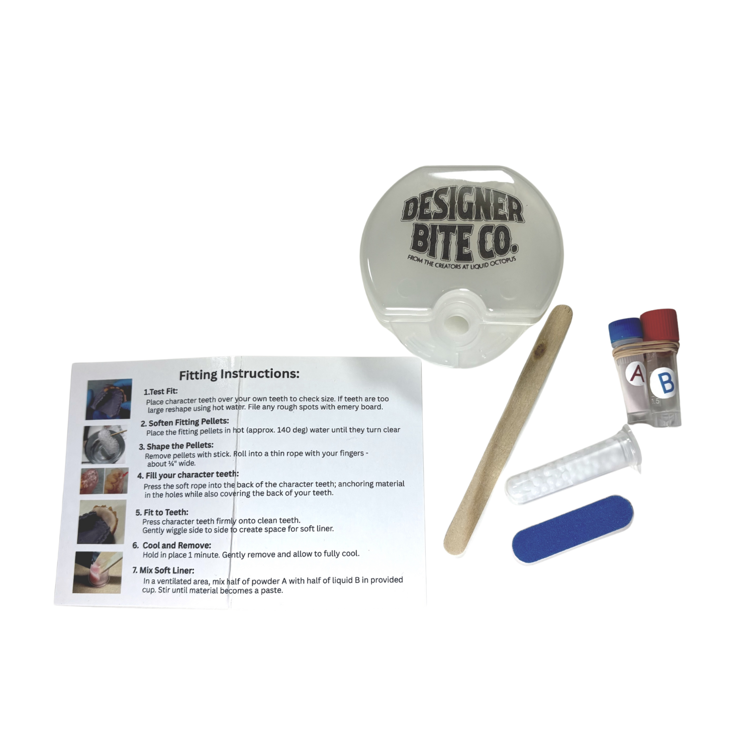 Designer Bite Co Comfort Fit kit with storage case, fitting material, emery board and instructions for reusable character teet