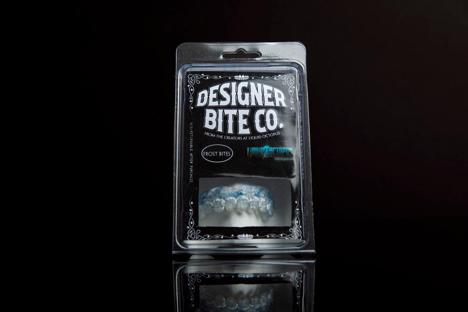 Frostbite character teeth packaged for storage, hand painted monster teeth prosthetic with comfort fit included for frozen creature cosplay
