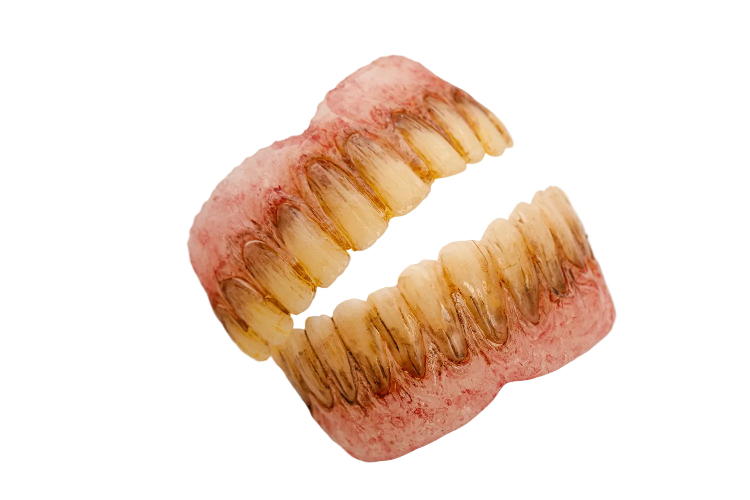 Horrifying character teeth with jagged uneven grin, hand painted monster teeth prosthetic featuring comfort fit for horror cosplay FX makeup and creature characters
