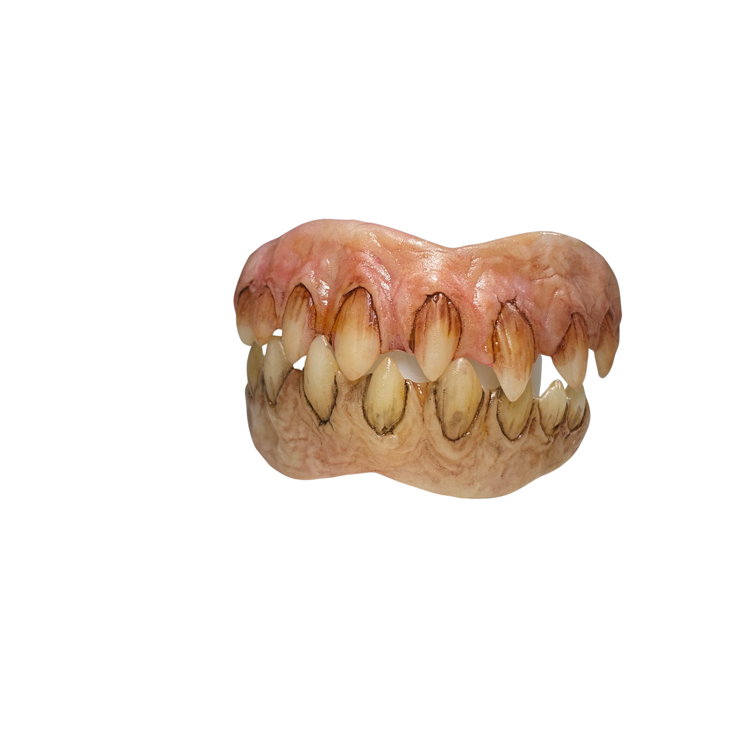 Pointy monster teeth with sharp tapered tips, hand painted character teeth prosthetic featuring comfort fit for horror cosplay and FX makeup
