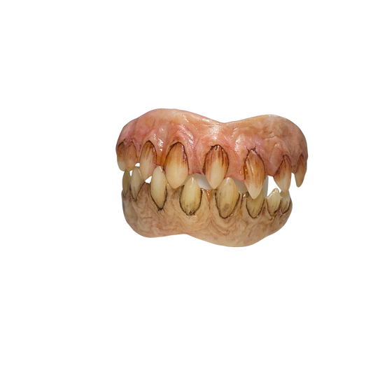 Pointy monster teeth with sharp tapered tips, hand painted character teeth prosthetic featuring comfort fit for horror cosplay and FX makeup
