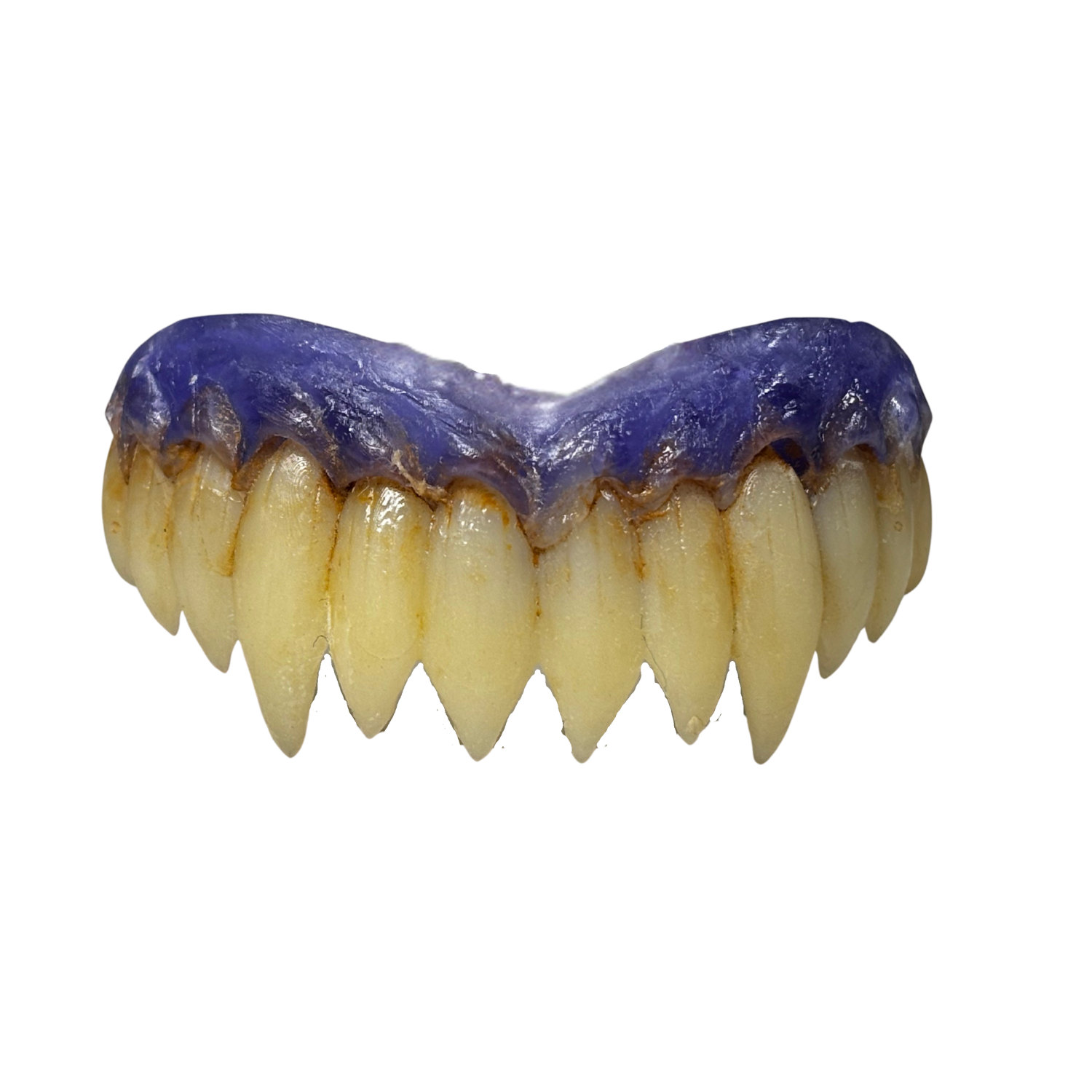 Front view of monster rippers teeth with purple gums hand painted horror creature teeth for cosplay
