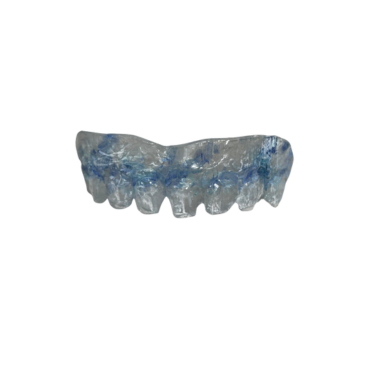 Frostbite character teeth with jagged icy edges, hand painted monster teeth prosthetic featuring comfort fit for frozen creature cosplay and FX makeup

