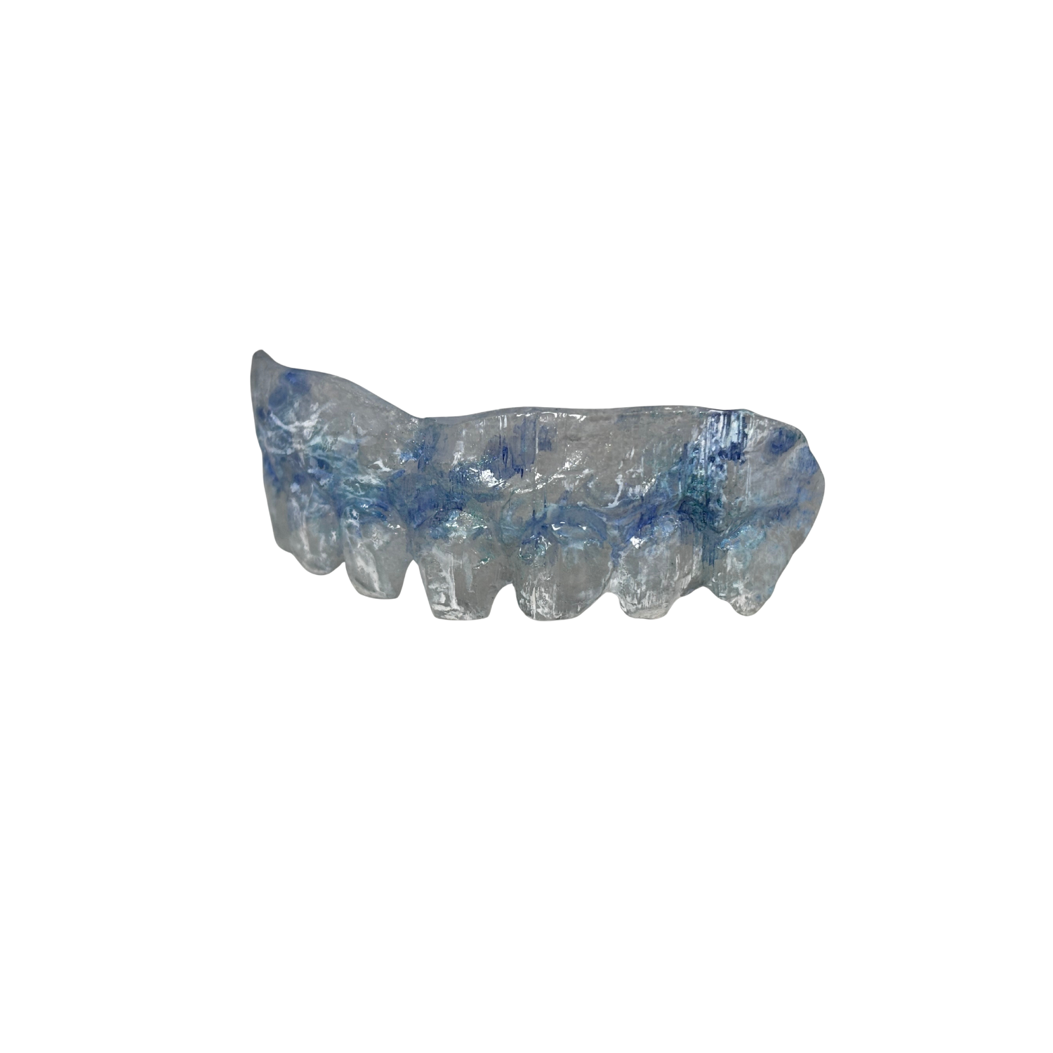 Hand painted Frostbite character teeth showing translucent ice like texture and sharp frozen edges, monster teeth prosthetic with comfort fit
