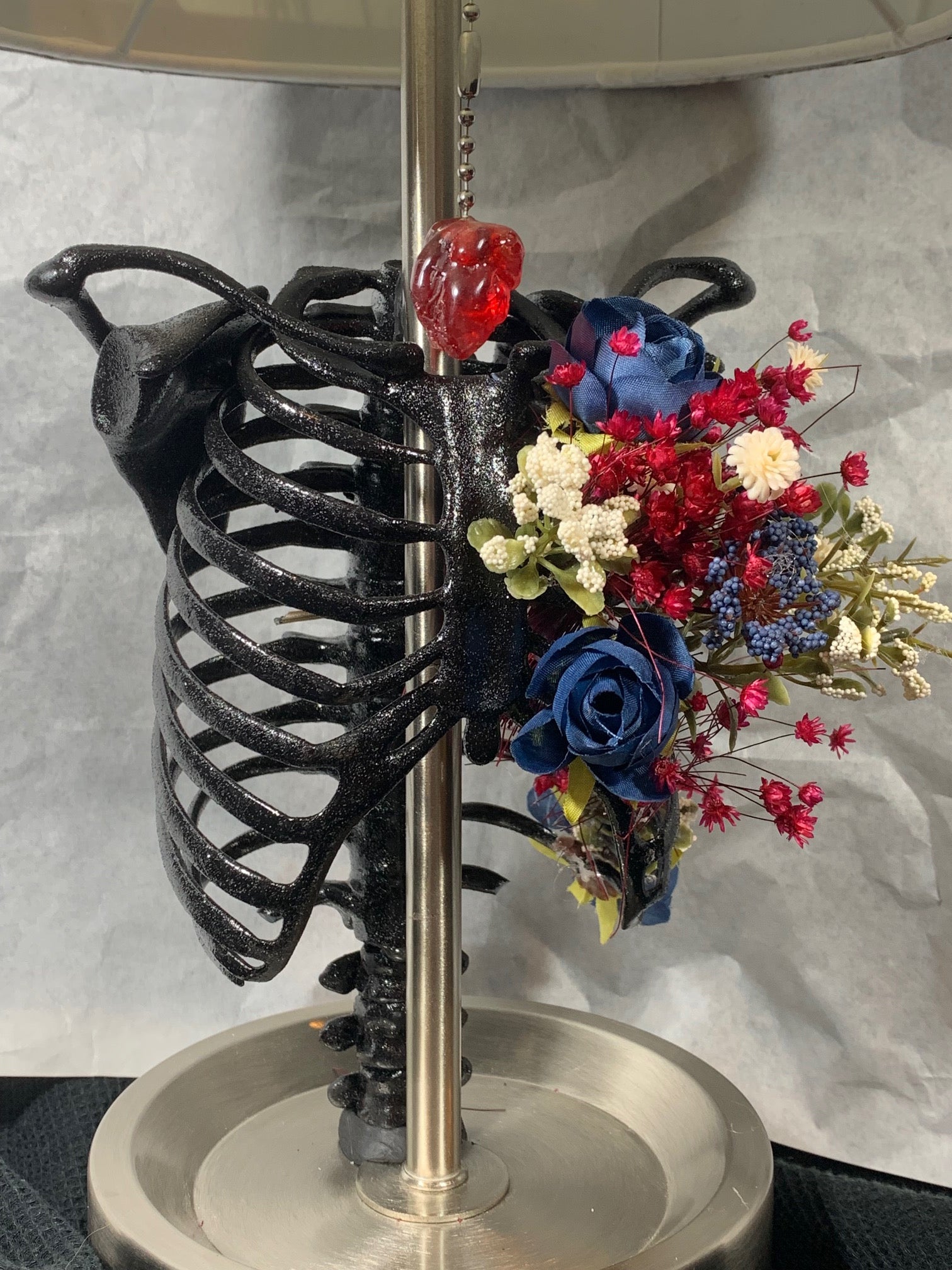Handcrafted 3D Resin Printed Ribcage Lamp – Anatomy Chart Covered Shade and Heart Chain Pull